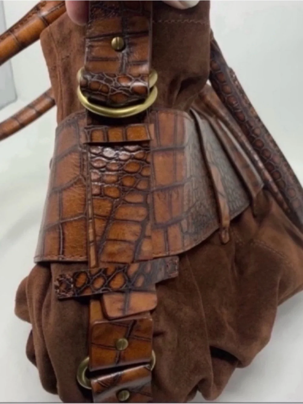 Chocolate Brown Suede & Leather Croc Bag